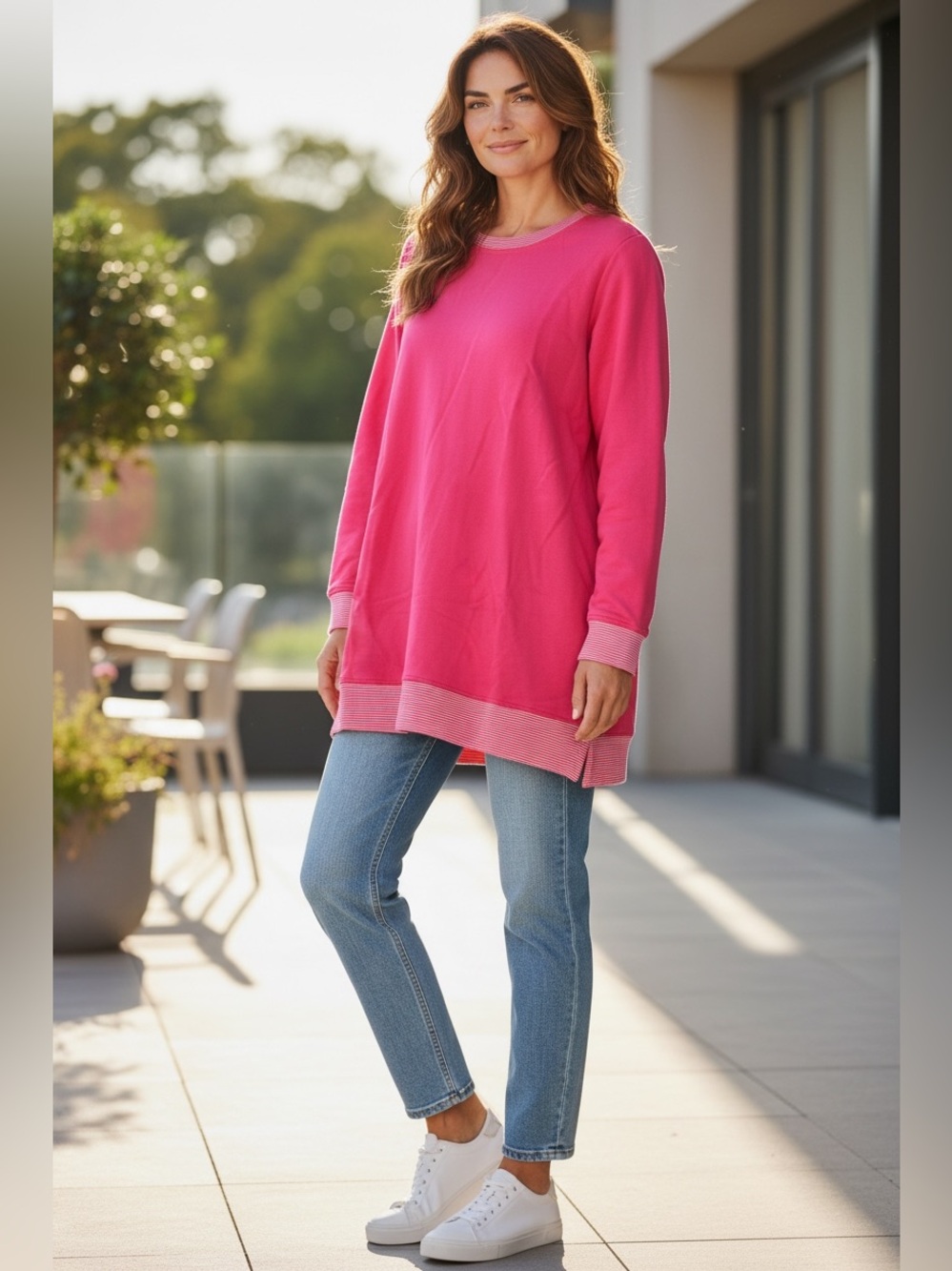 Lands' End Serious Sweats Hot Pink Crewneck Tunic Sweatshirt